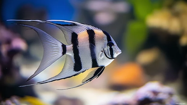 Surrounded by a vibrant coral reef, an elegant silver and black angelfish glides through clear blue waters, its long fins flowing gracefully.