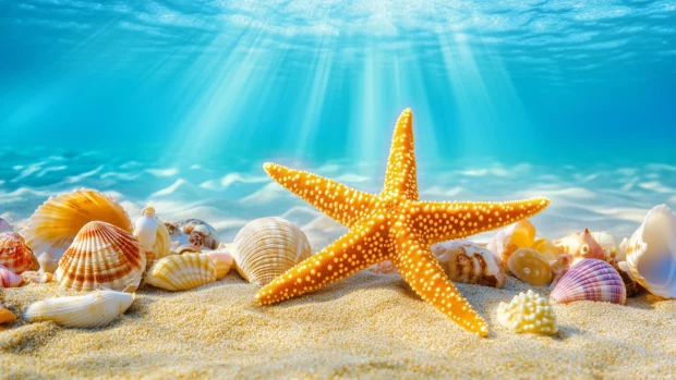 Surrounded by colorful seashells and soft coral on a sandy ocean floor, a vibrant starfish rests as ocean light filters down.