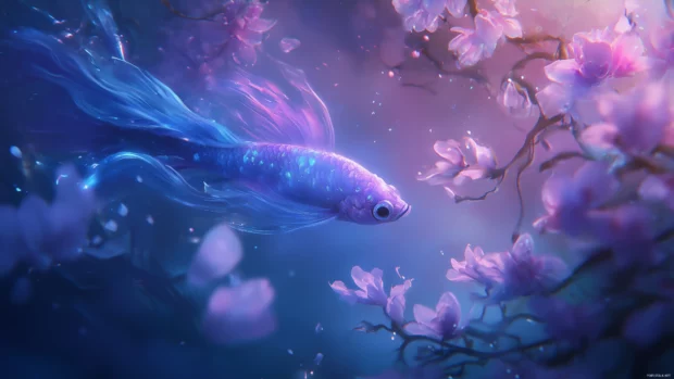 Surrounded by delicate aquatic plants and soft, diffused light, a betta fish with brilliant blue and purple scales is captured in a calm moment.