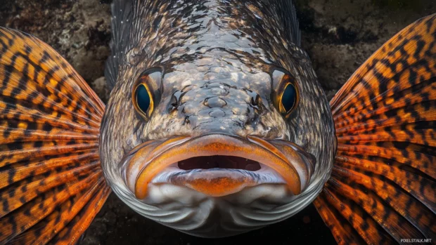 Surrounded by gentle ripples and reeds in a serene lake, a close up of a bass fish captures its strong jaw and intricate scale pattern.