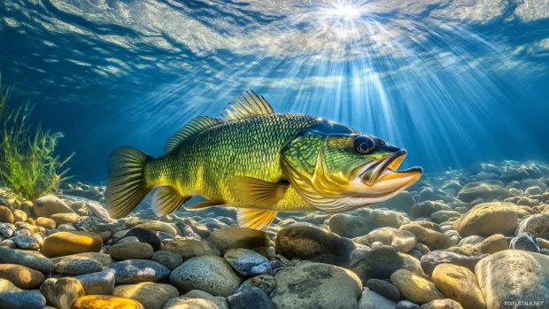 Surrounded by pebbles and aquatic plants at the bottom of a river, sunlight trickles through the water onto a bass fish resting near a rock bed.