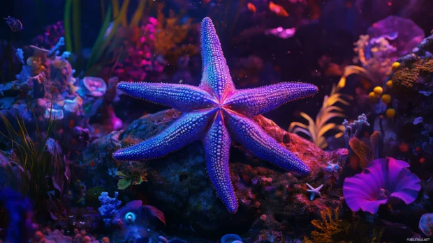 Surrounded by small colorful sea creatures in crystal clear water, a large starfish with vibrant blue and purple hues rests on a smooth rock.