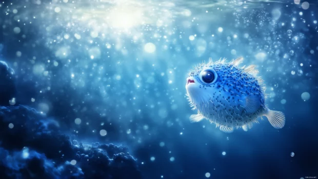 Surrounded by soft currents and glowing light filtering from the surface in a serene underwater scene is a playful pufferfish inflating.