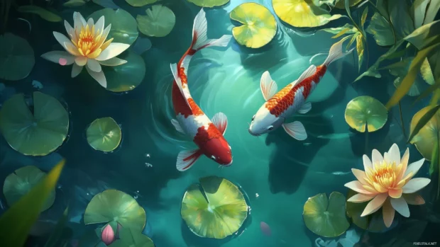 Surrounded by soft ripples and vibrant lily pads in a crystal clear pond, elegant koi fish swim, their scales shimmering under the sunlight.