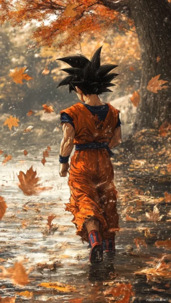 Surrounded by stillness, Goku powers up gently and silently under falling leaves.