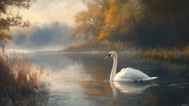 Swan basking in radiant morning light near a marsh.