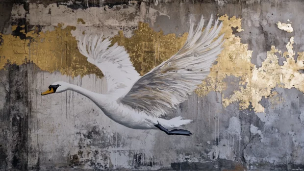 Swan gliding across wall with pale gold graffiti feathers.