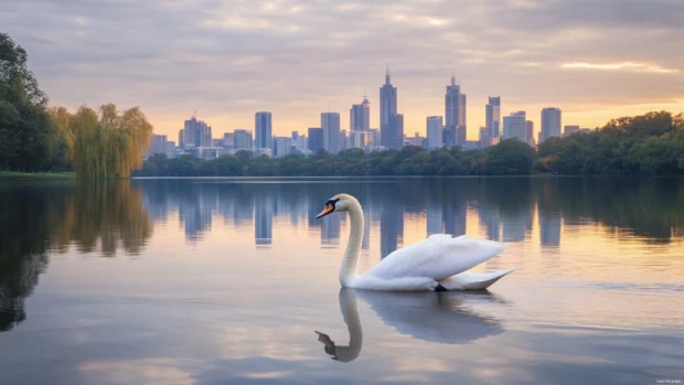 Swan gliding near city skyline reflections.
