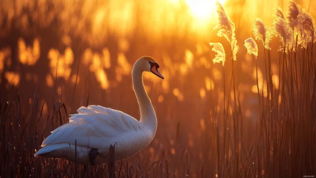 Swan nestled in reeds during golden hour.