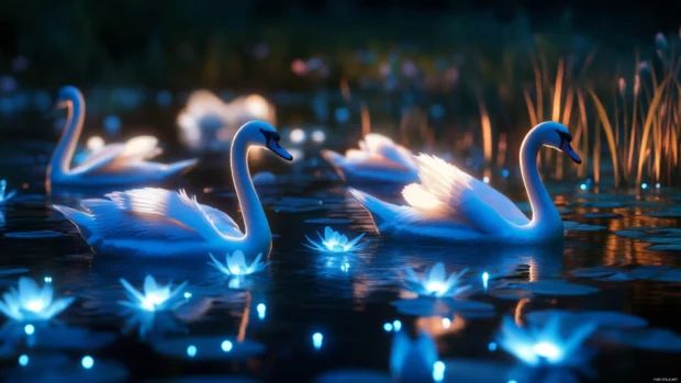 Swans drifting around glowing bioluminescent lilies.