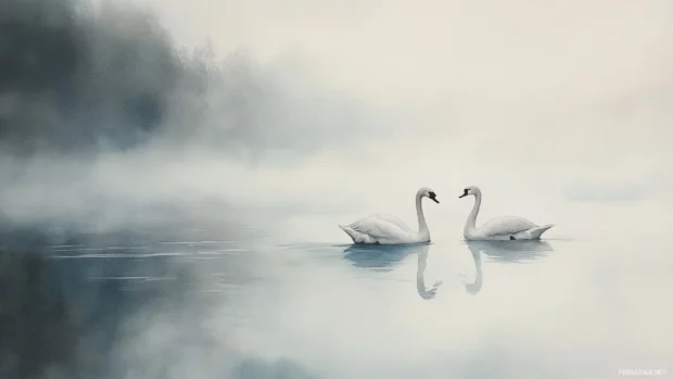 Swans drifting serenely across a misty watercolor lake.