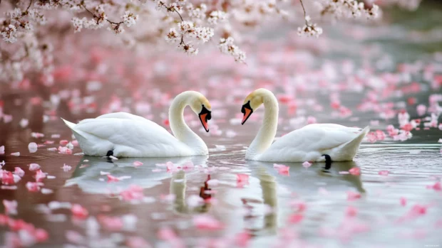 Swans floating beneath cherry blossom petals, a peaceful Swans PC Wallpapers option.
