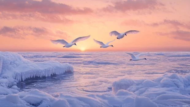 Swans flying over icy waters at winter twilight.