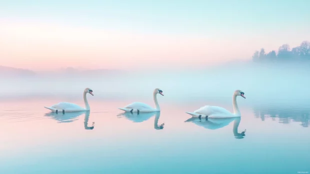 Swans gliding across pastel blue waters at dawn.
