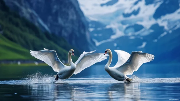 Swans landing with open wings on a mountain lake, dramatic and sharp for Swans PC Wallpapers.