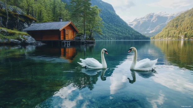 Swans mirrored in crystal clear waters near a cabin.