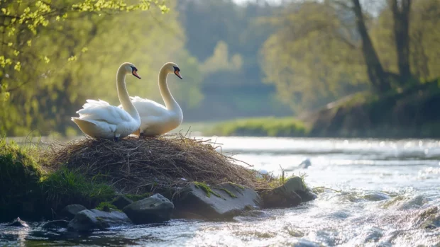 Swans nesting by a peaceful riverside in spring.