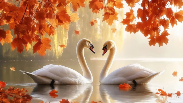 Swans surrounded by autumn leaves on a still lake, a seasonal highlight from Swans PC Wallpapers.