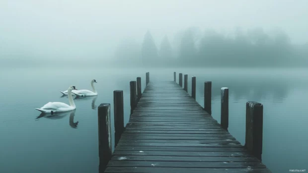 Swans swimming beside a wooden dock with morning fog, Swans PC Wallpapers with cinematic tones.