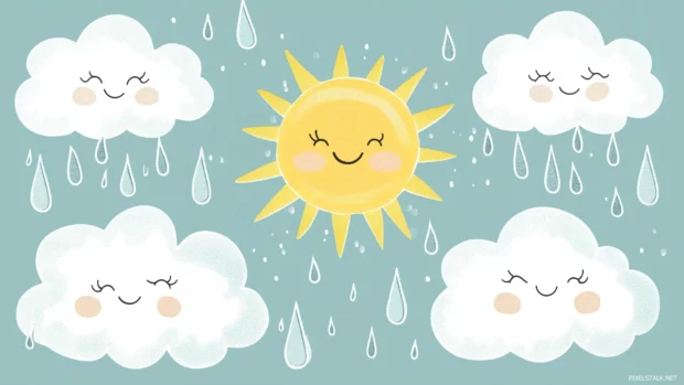 Sweet and simple wallpaper with smiling sun, fluffy clouds, and happy little raindrops in a minimalistic cartoon style, perfect for young children.
