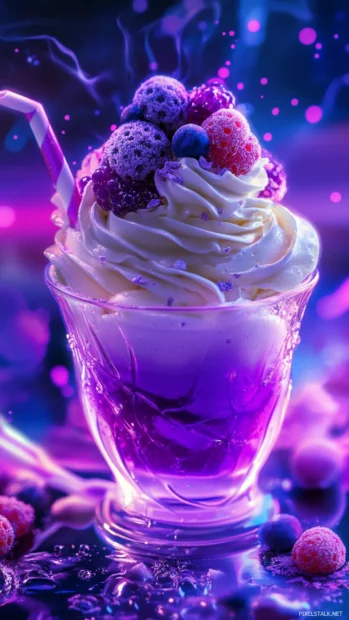 Sweet dessert glowing under cute purple neon light with theme of Magical purple neon wallpaper.