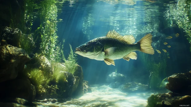 Swimming among underwater plants and rocks in a crystal clear freshwater stream is a bass fish with sunlight filtering through.
