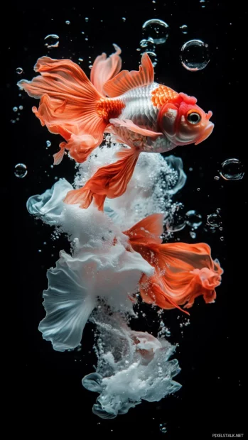 Swimming gracefully in clear water surrounded by bubbles and subtle reflections, a vibrant orange and white goldfish creates a whimsical scene.