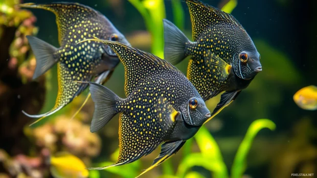 Swimming harmoniously in a serene underwater landscape filled with plants and coral is a group of colorful angelfish in various patterns.