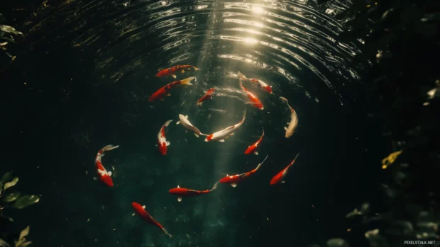 Swimming in a circle in clear water with subtle reflections of the sky, a group of vibrant koi fish creates a mesmerizing pattern.