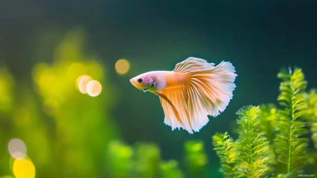 Swimming in a tranquil aquatic environment, a close up of a betta fish shows its detailed, shimmering fins and body reflecting light.