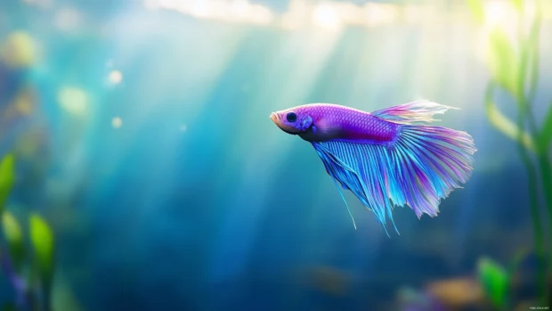 Swimming peacefully among aquatic plants is a betta fish with vibrant purple and blue hues as soft light filters through the water.