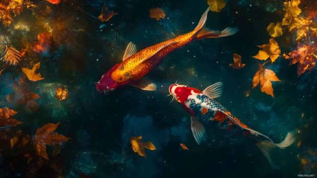 Swimming peacefully in a pond surrounded by leaves floating on the surface under soft lighting are colorful koi fish with intricate patterns.