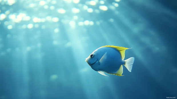 Swimming solo in a tranquil ocean environment, an angelfish with radiant blue and yellow tones has soft sunlight filtering through the water.