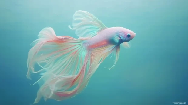 Swimming vibrant betta fish flowing colorful fins.