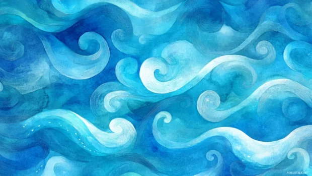 Swirling abstract waves in vibrant blues, an abstract ocean watercolor background.