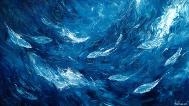 Swirling schools of fish shimmering in deep blue sea.