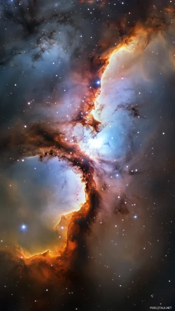 Swirling stars and colorful nebulae surround a glowing crescent moon at the center of a mesmerizing galaxy.