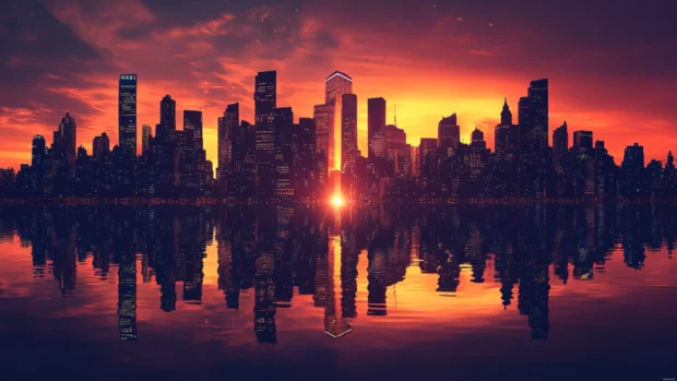 Symmetrical reflection of city skyscrapers at dusk.