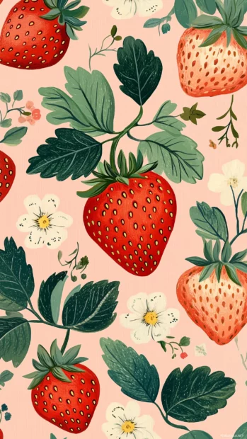 Symmetrical strawberry, flower, and leaf pattern, classic pastel pink background.