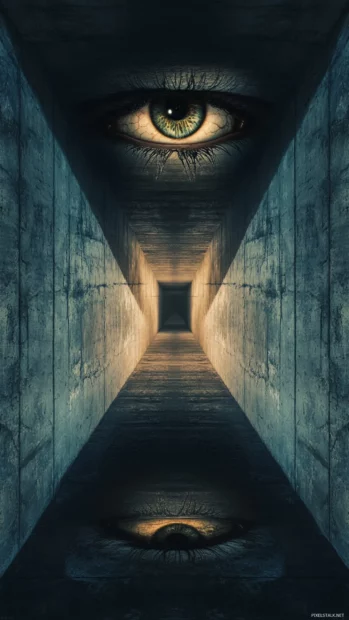 Symmetrical tunnel with shadowy layers and flickering trippy eyes across a void.