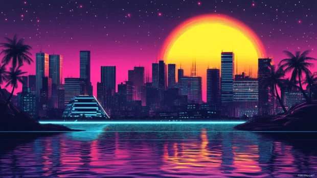 Synthwave inspired city with a retro futuristic twist, best fit for a Cyberpunk Wallpaper for desktop.
