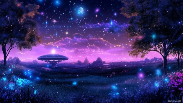 Synthwave skyline, shimmering stars, glowing constellations, retro space station, detailed scene.