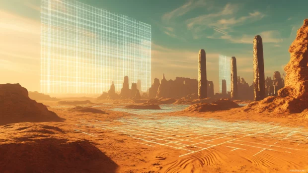 Synthwave terrain with hologram skyline and grid desert.