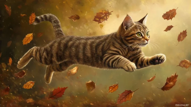Tabby cat leaping through falling autumn leaves in high detail.