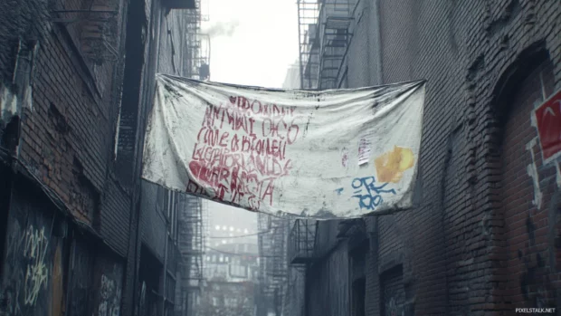 Tag covered protest banner flying across alley.