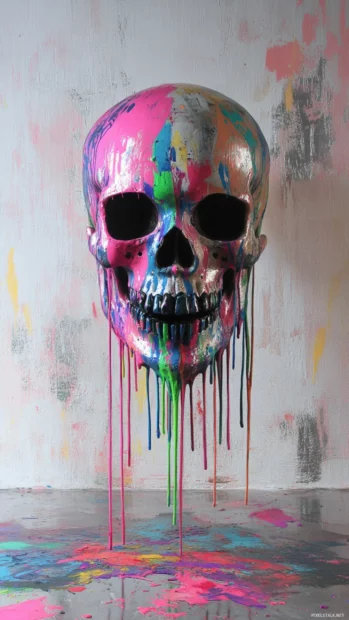 Tag marked skull dripping color on metallic floor.