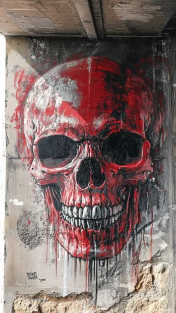 Tag spray forming 3D skull in tunnel corner.