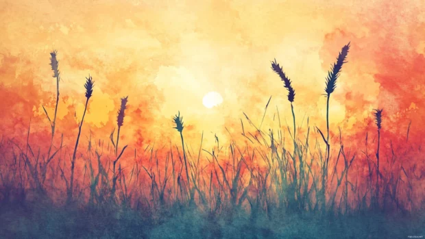 Tall grass swaying under the warm glow of a watercolor prairie sunset.
