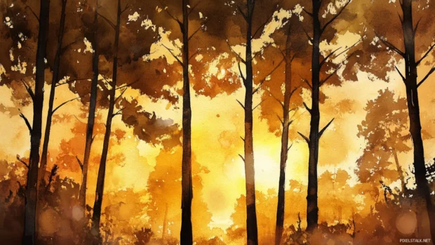 Tall trees framed by the golden light of a sunset silhouette watercolor scene.