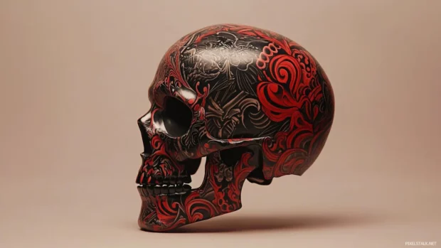 Tattoo inspired skull desktop wallpapers HD in bold black and red shading.